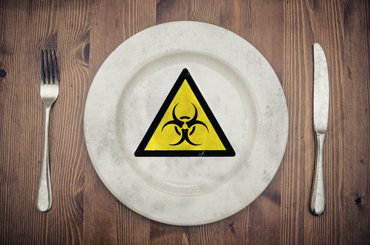 utensils, plate with biohazard sign