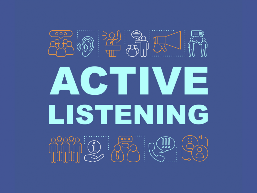 text that reads "active listening" surrounded by communication icons