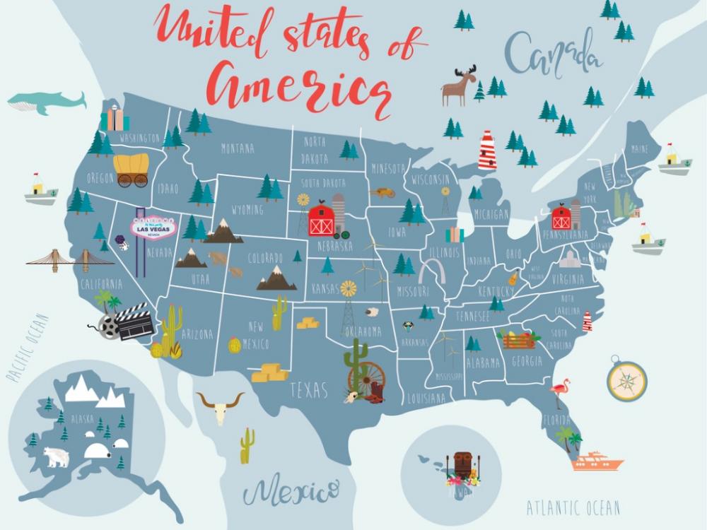 Illustrated map of United states of America with landscapes, nature and animals.