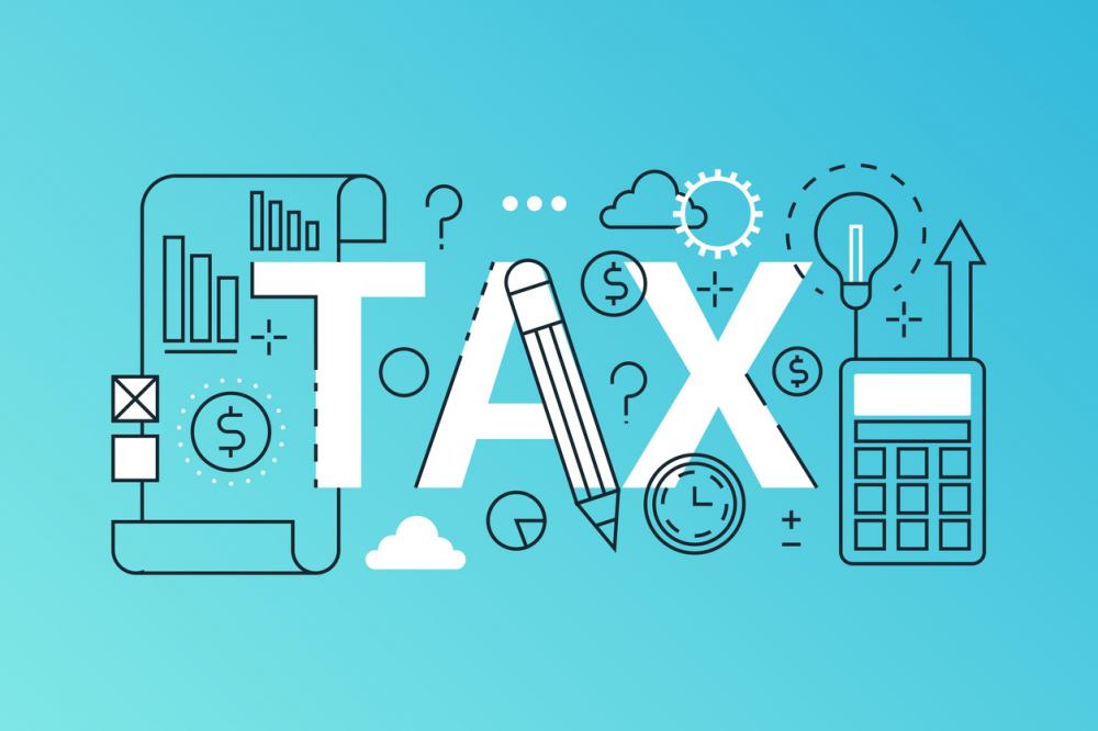 TAX in white font against blue background, surrounded by relevant icons and imagery