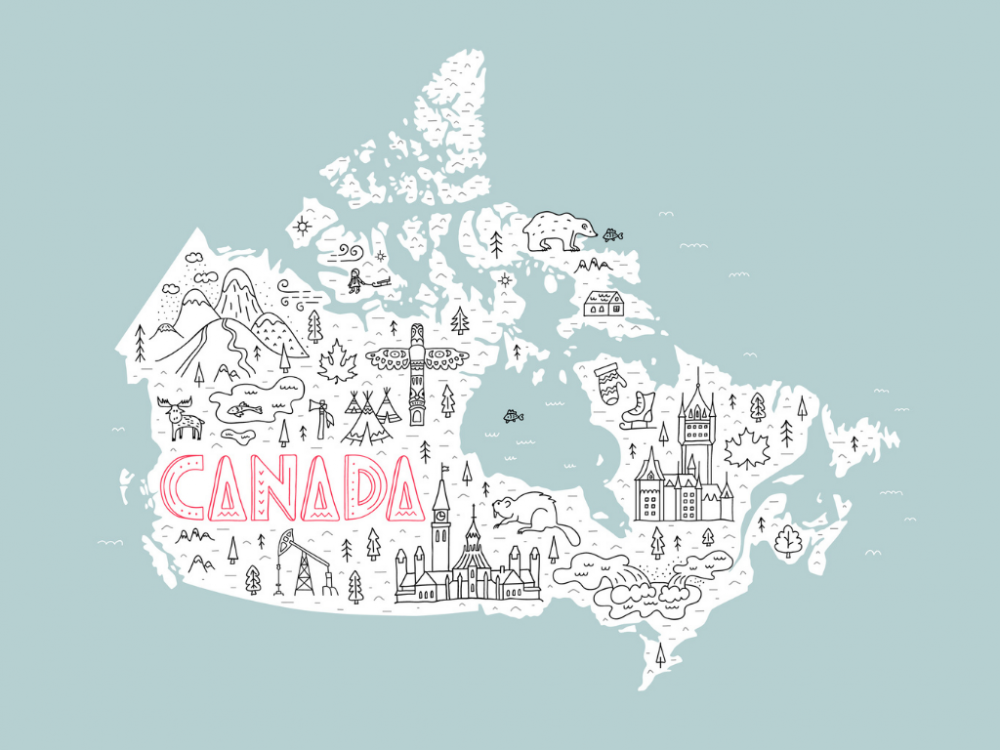 Stylized travel map of Canada with main symbols and sights