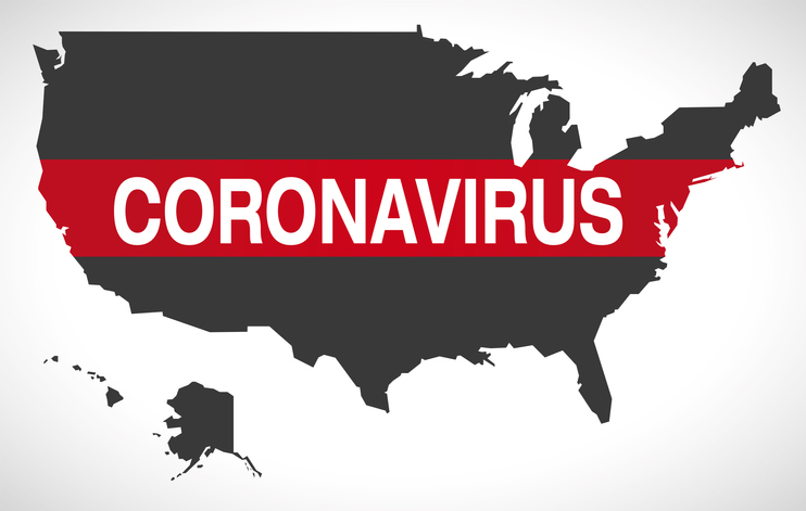 USA map with Coronavirus Covid-19 warning symbol