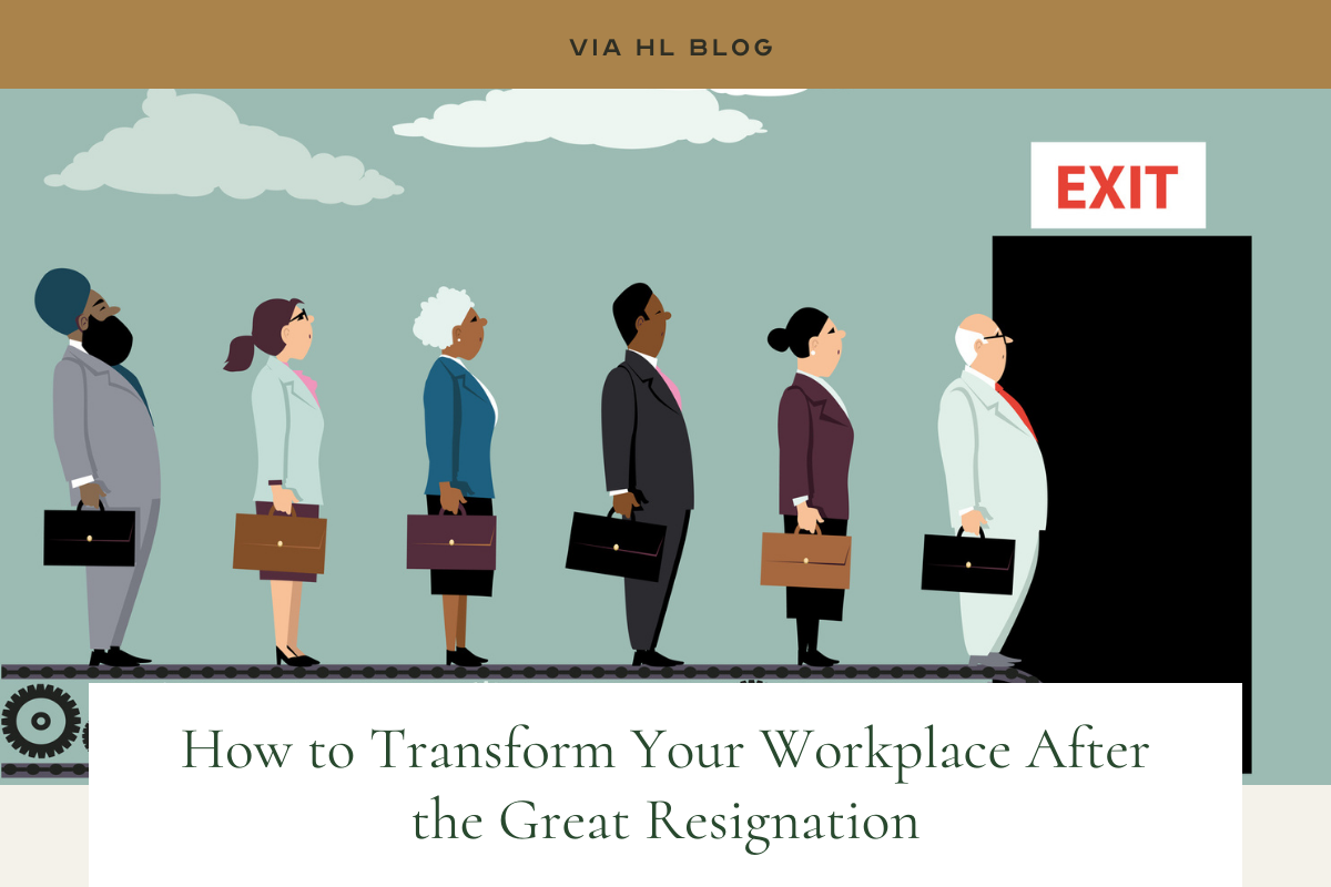 Via HL Blog | image: group of diverse employees quitting, leaving exit on conveyer belt | How to Transform Your Workplace After the Great Resignation