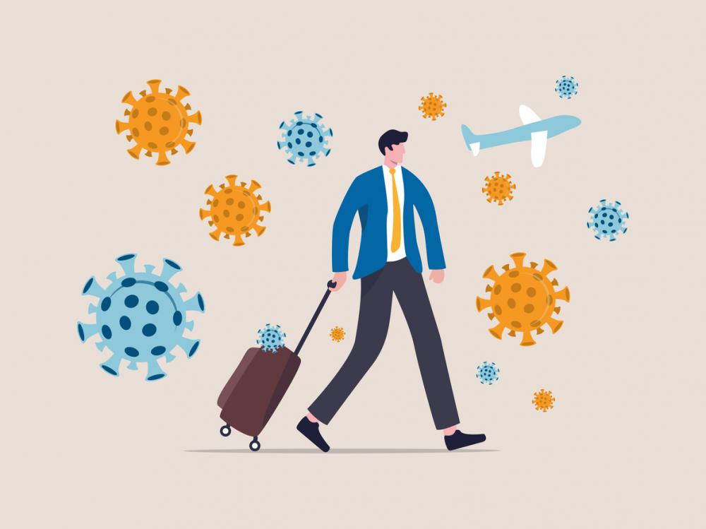 businessman walking with luggage as airplane flies in background and germs float in air