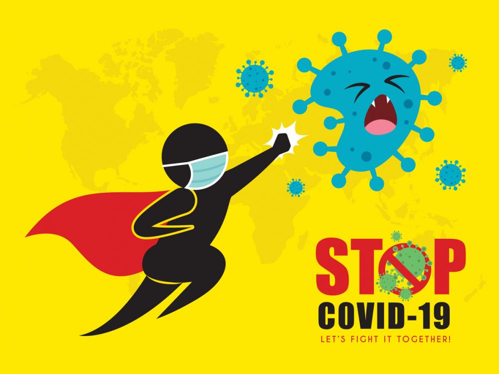 stop coronavirus concept arm: stickman wearing face mask punches covid 19 germ