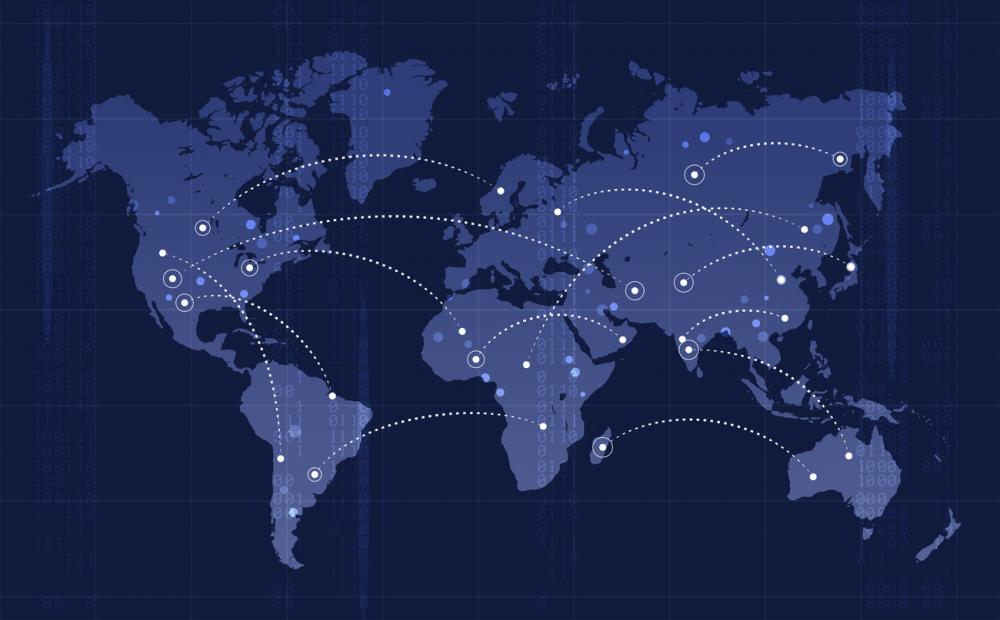 Global transportation concept design; dotted lines connecting various countries on blue map